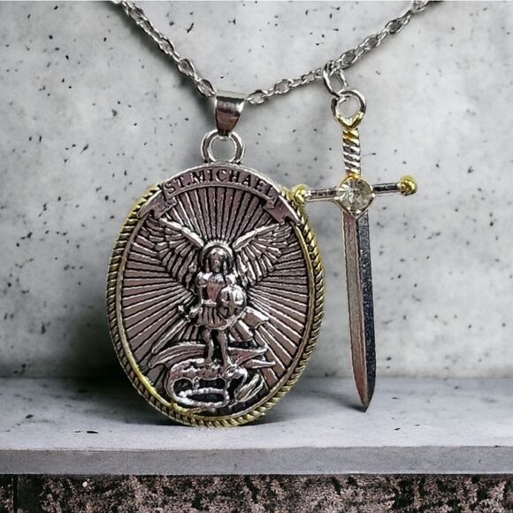 Saint Michael Sword Protection Archangel Necklace Pendant Religious Jewelry - Picture 3 of 11